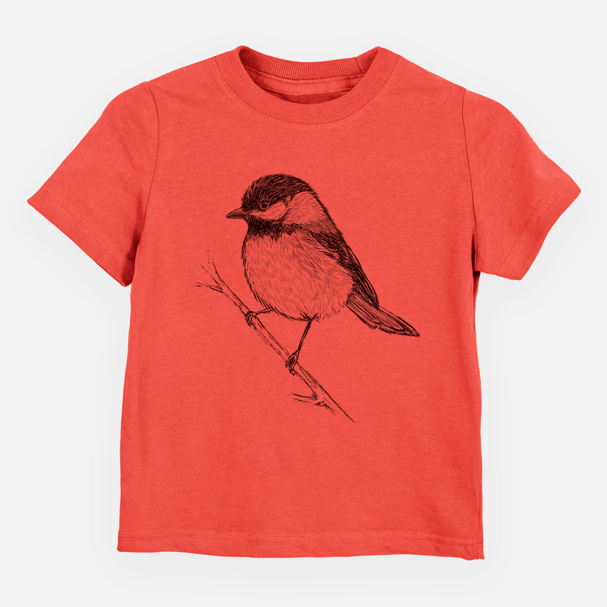 Passionfruit pink toddler t-shirt laid flat, printed with a detailed black ink sketch of a black-capped chickadee perched on a branch.