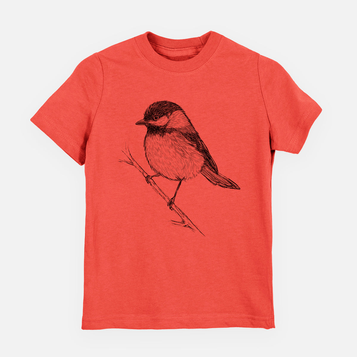 Passionfruit pink youth t-shirt laid flat, printed with a detailed black ink sketch of a black-capped chickadee perched on a branch.