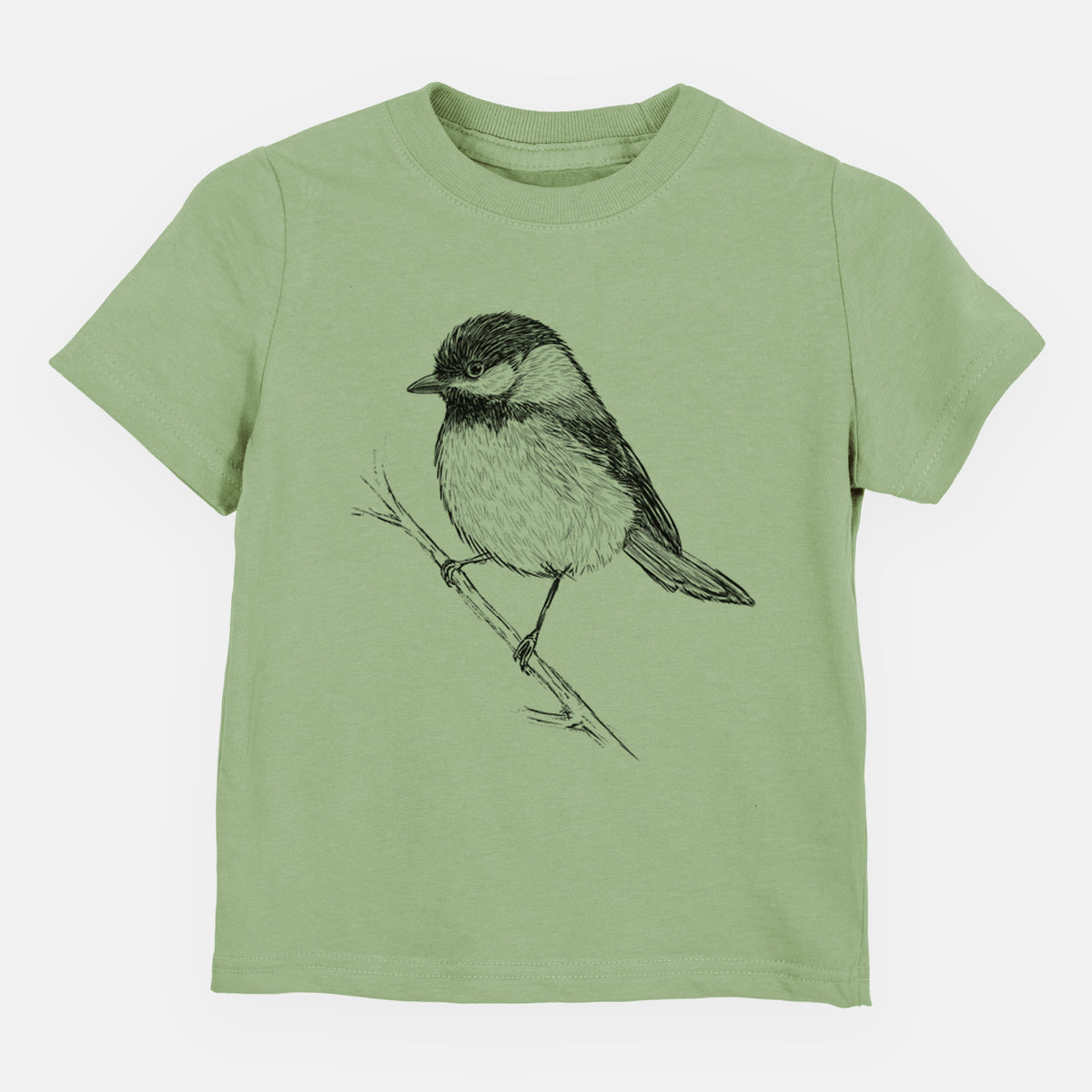 Sage green toddler t-shirt laid flat, printed with a detailed black ink sketch of a black-capped chickadee perched on a branch.