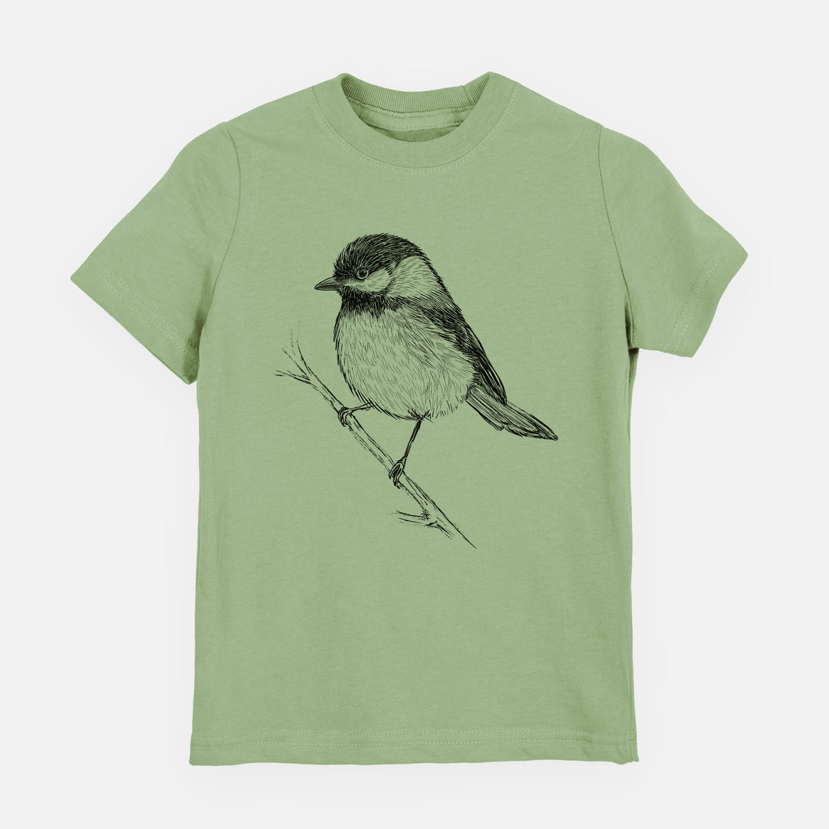 Sage green youth t-shirt laid flat, printed with a detailed black ink sketch of a black-capped chickadee perched on a branch.
