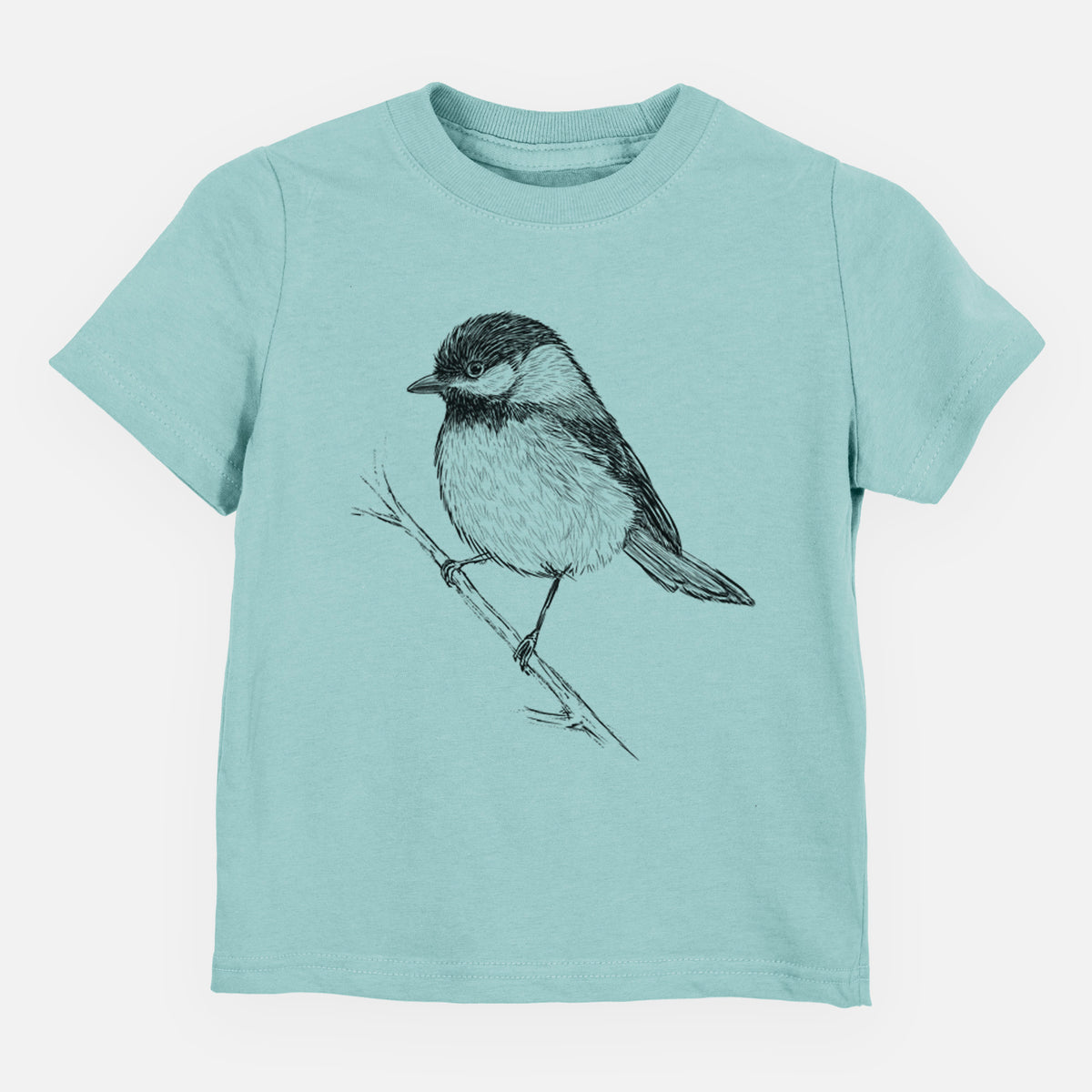 Saltwater toddler t-shirt laid flat, printed with a detailed black ink sketch of a black-capped chickadee perched on a branch.