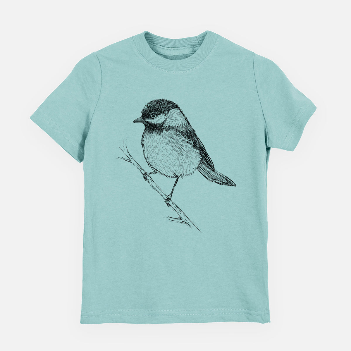 Saltwater youth t-shirt laid flat, printed with a detailed black ink sketch of a black-capped chickadee perched on a branch.