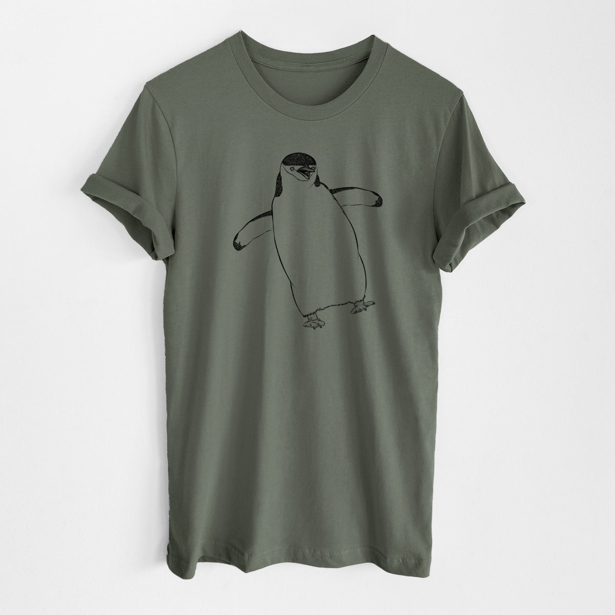 Military green lightweight cotton t-shirt laid flat, printed with a black ink illustration of a chinstrap penguin standing with its flippers out.