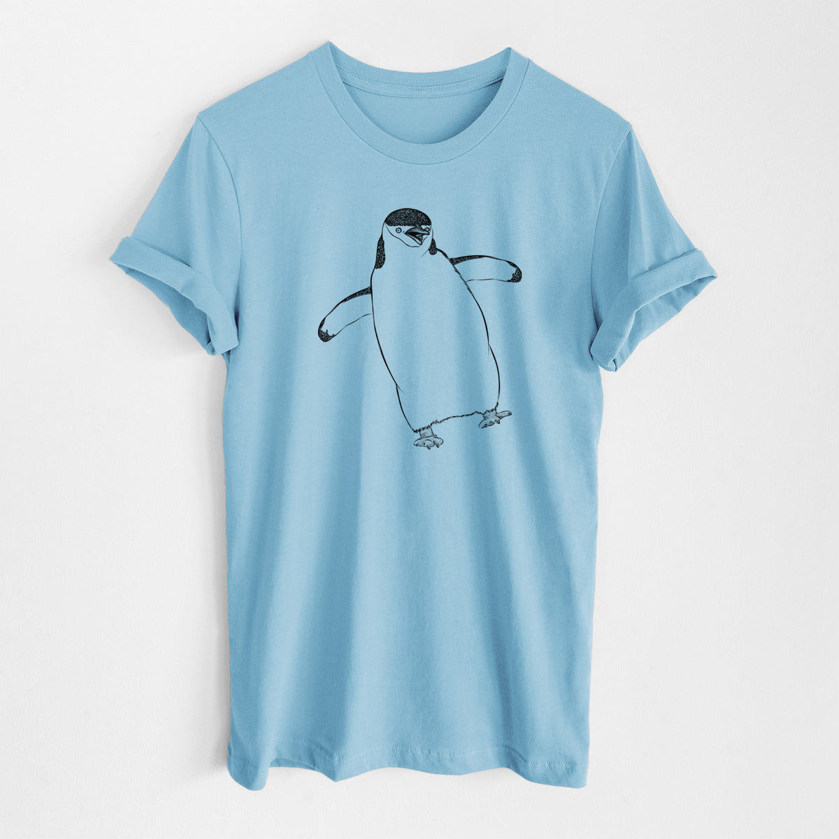Ocean blue lightweight cotton t-shirt laid flat, printed with a black ink illustration of a chinstrap penguin standing with its flippers out.