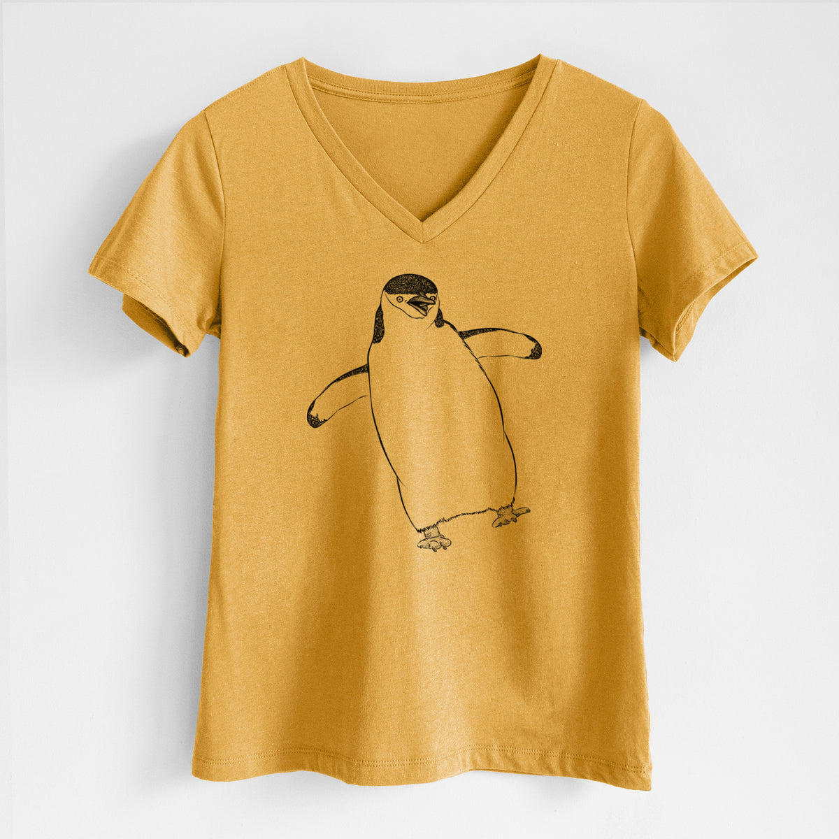Honeycomb yellow women's relaxed fit cotton V-neck t-shirt laid flat, printed with a black ink illustration of a chinstrap penguin standing with its flippers out.