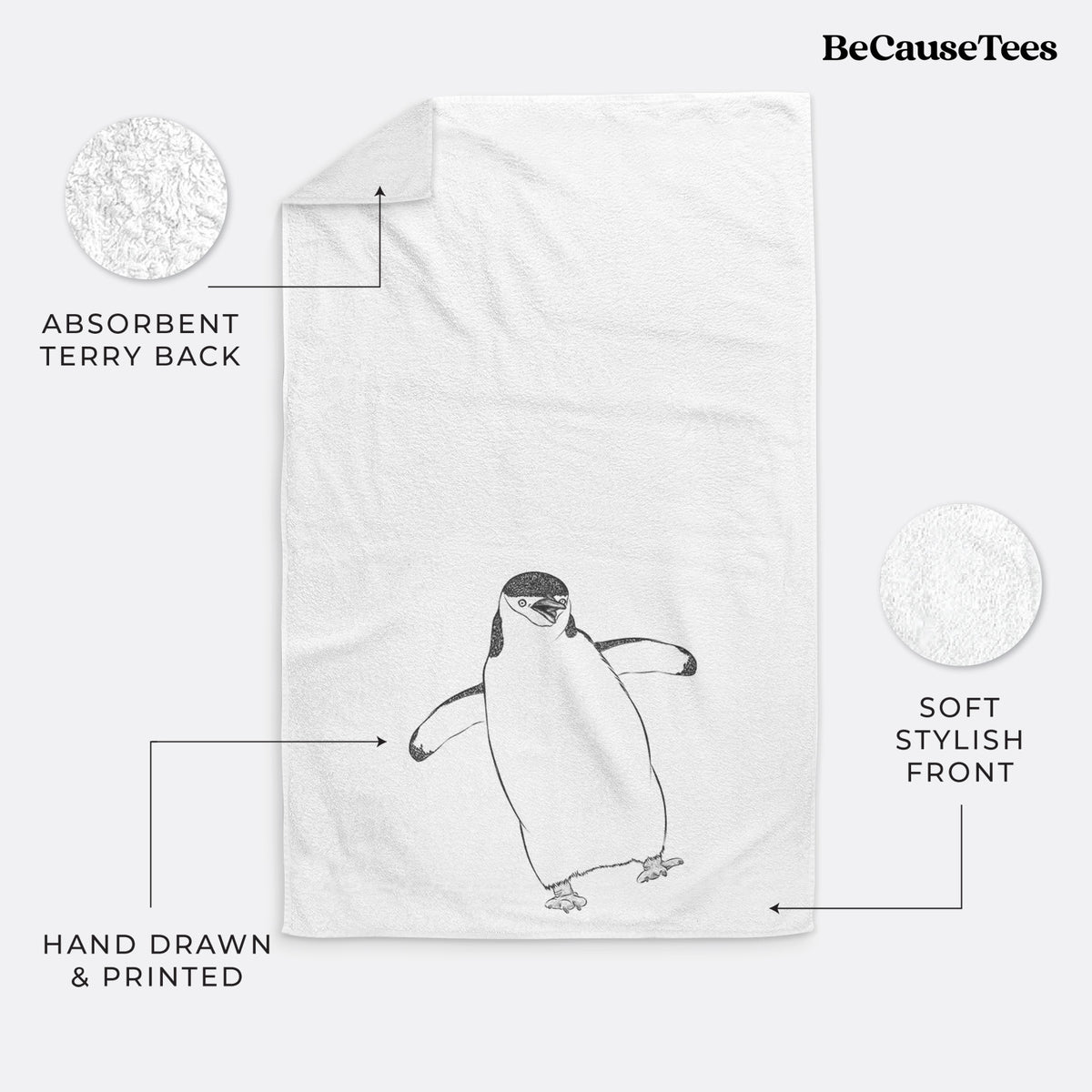 White hand towel printed with a black ink illustration of a chinstrap penguin standing with its flippers out.
