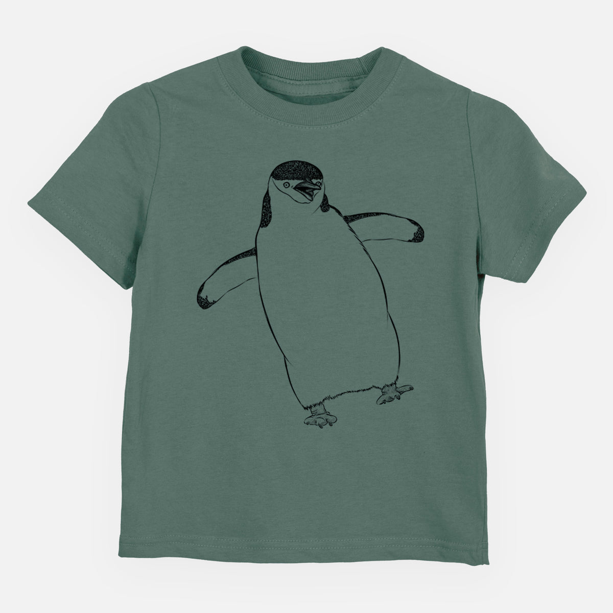 Basil green toddler t-shirt laid flat, printed with a black ink illustration of a chinstrap penguin standing with its flippers out.