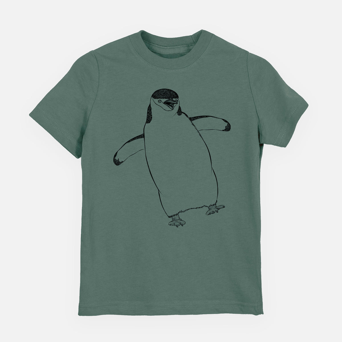 Basil green youth t-shirt laid flat, printed with a black ink illustration of a chinstrap penguin standing with its flippers out.
