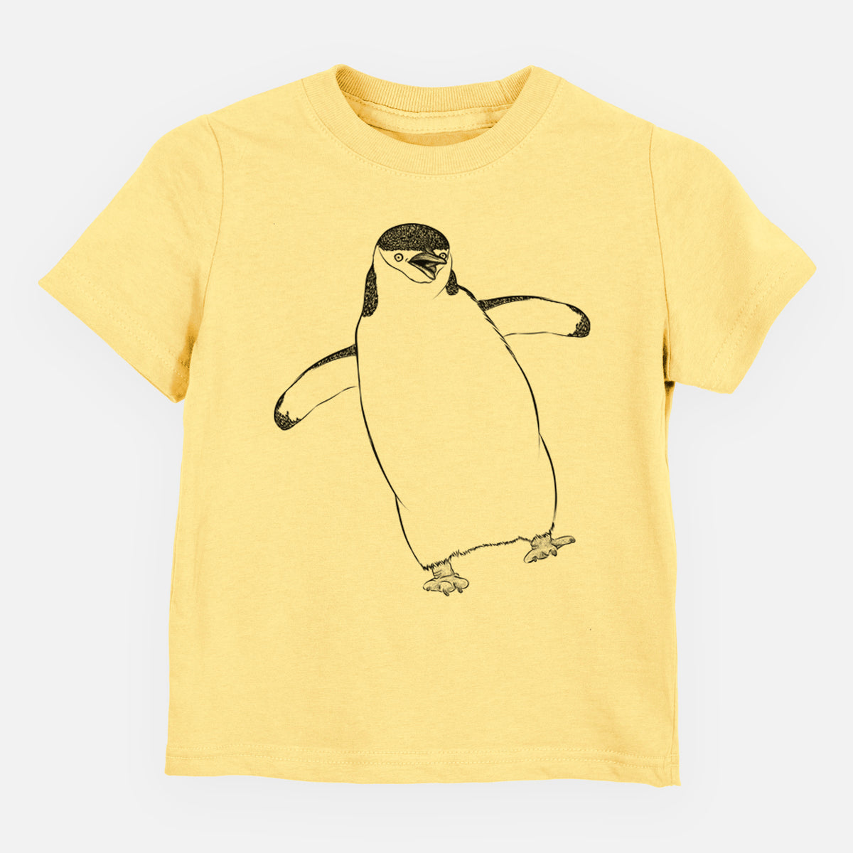 Butter yellow toddler t-shirt laid flat, printed with a black ink illustration of a chinstrap penguin standing with its flippers out.