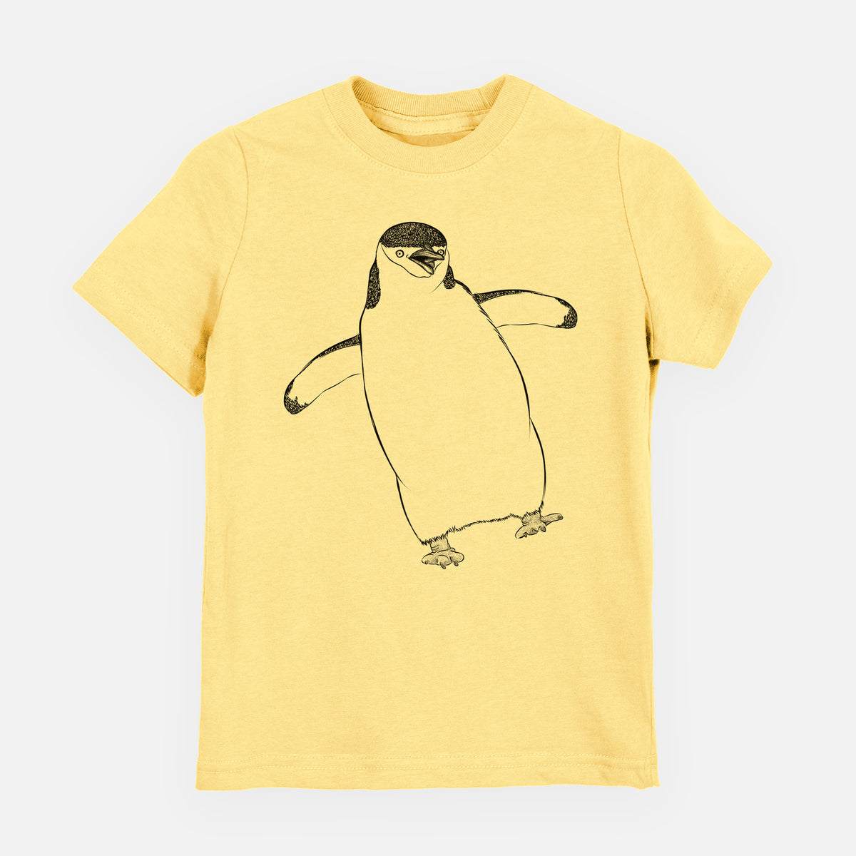 Butter yellow youth t-shirt laid flat, printed with a black ink illustration of a chinstrap penguin standing with its flippers out.