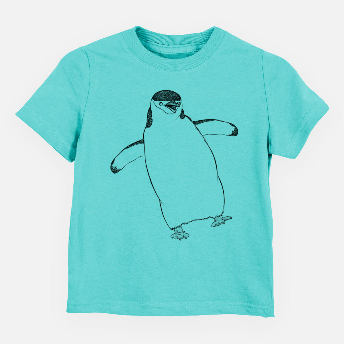Caribbean blue toddler t-shirt laid flat, printed with a black ink illustration of a chinstrap penguin standing with its flippers out.