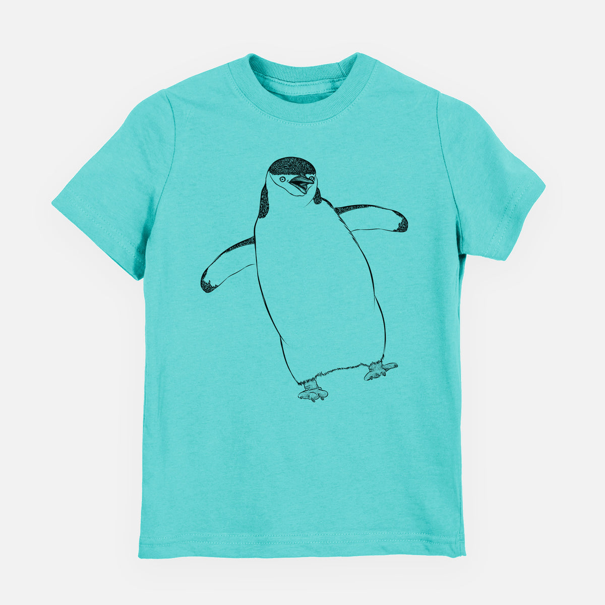 Caribbean blue youth t-shirt laid flat, printed with a black ink illustration of a chinstrap penguin standing with its flippers out.