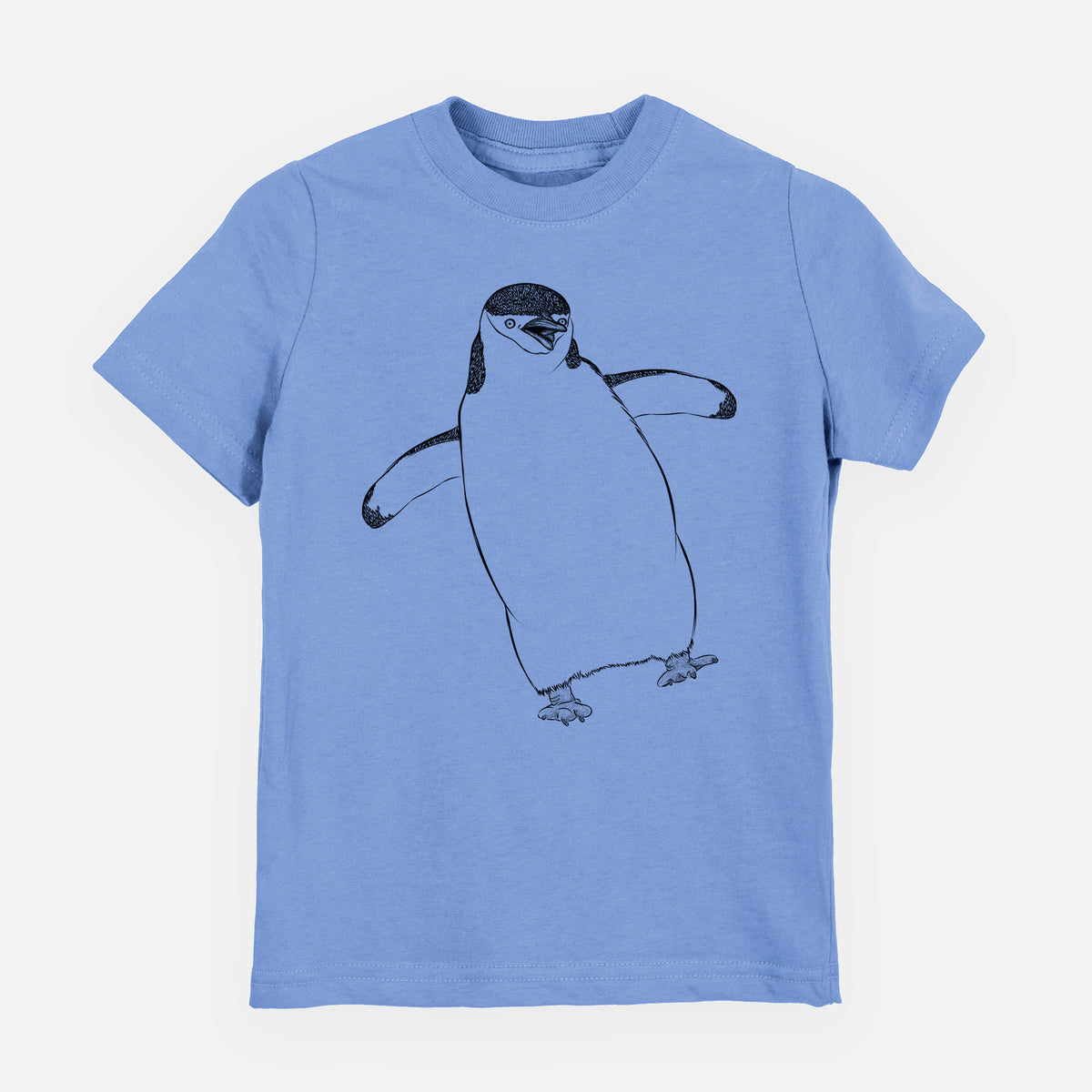 Carolina blue youth t-shirt laid flat, printed with a black ink illustration of a chinstrap penguin standing with its flippers out.