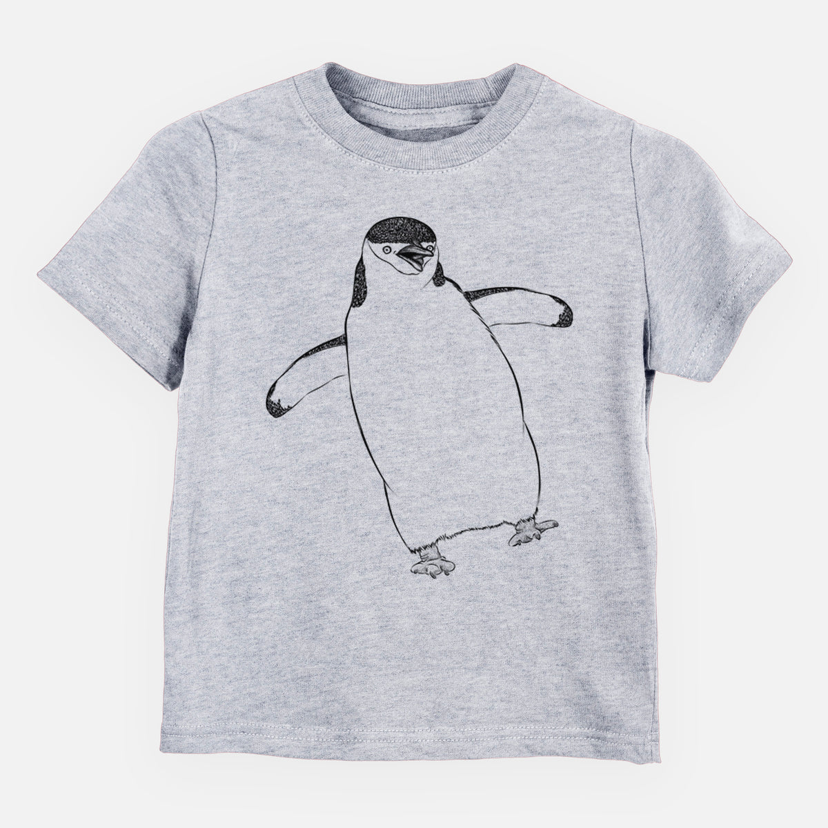 Heather grey toddler t-shirt laid flat, printed with a black ink illustration of a chinstrap penguin standing with its flippers out.