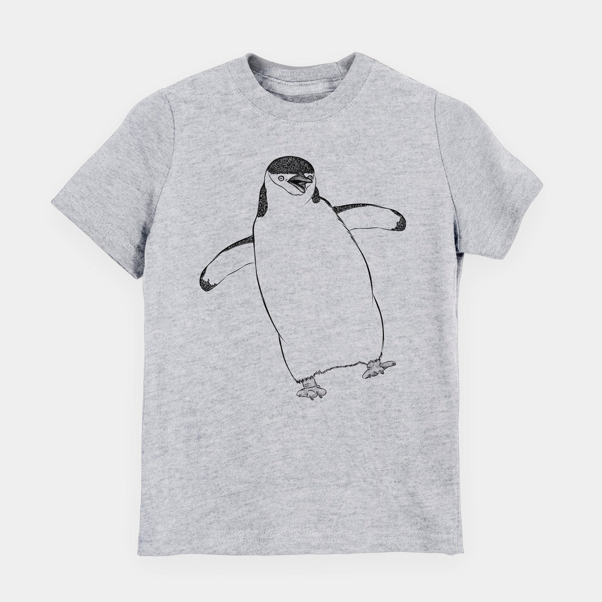 Heather grey youth t-shirt laid flat, printed with a black ink illustration of a chinstrap penguin standing with its flippers out.