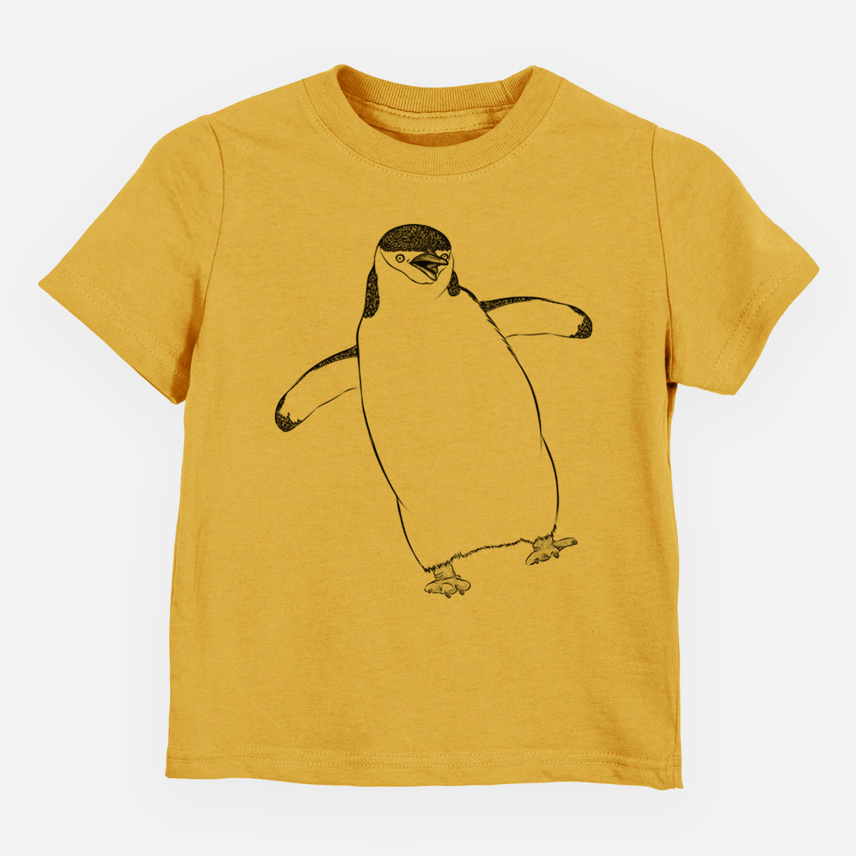 Honeycomb yellow toddler t-shirt laid flat, printed with a black ink illustration of a chinstrap penguin standing with its flippers out.