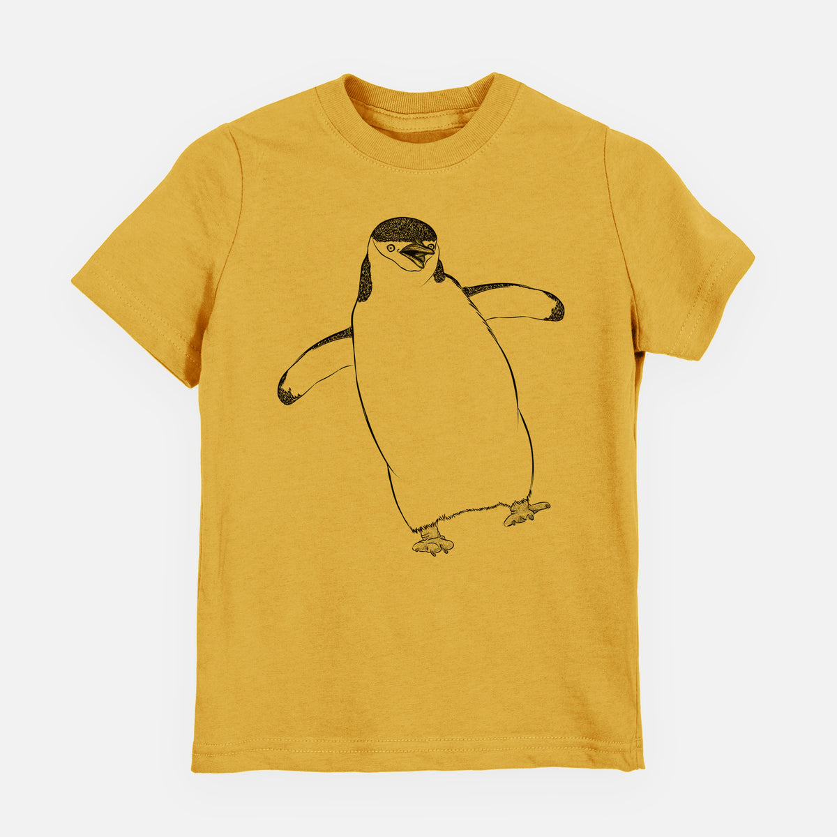 Honeycomb yellow youth t-shirt laid flat, printed with a black ink illustration of a chinstrap penguin standing with its flippers out.