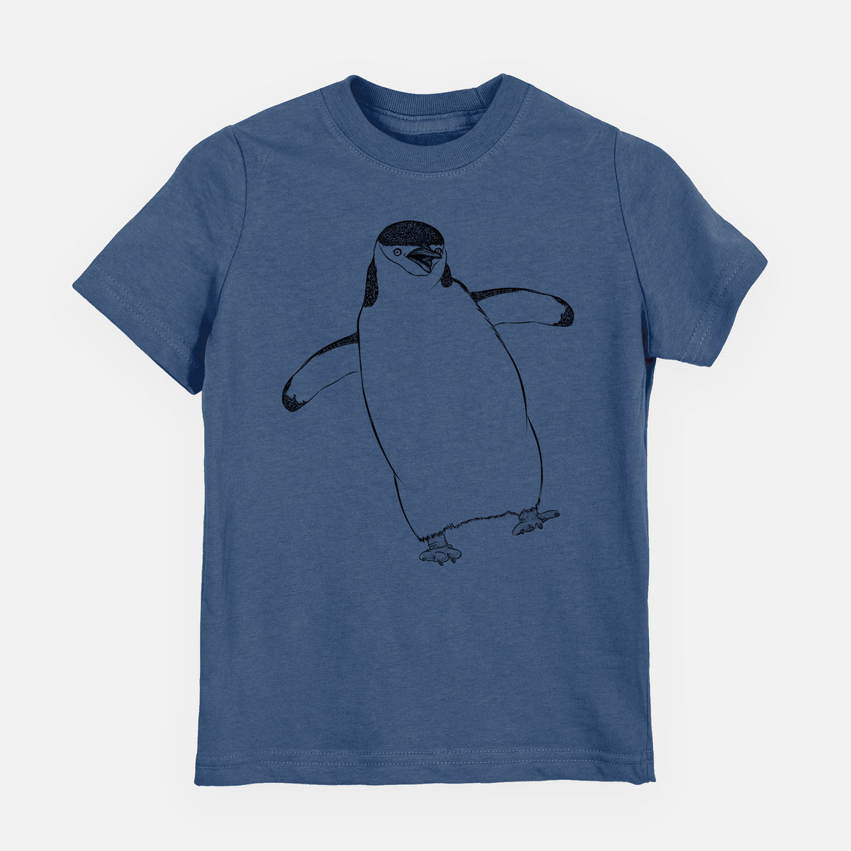 Indigo blue youth t-shirt laid flat, printed with a black ink illustration of a chinstrap penguin standing with its flippers out.