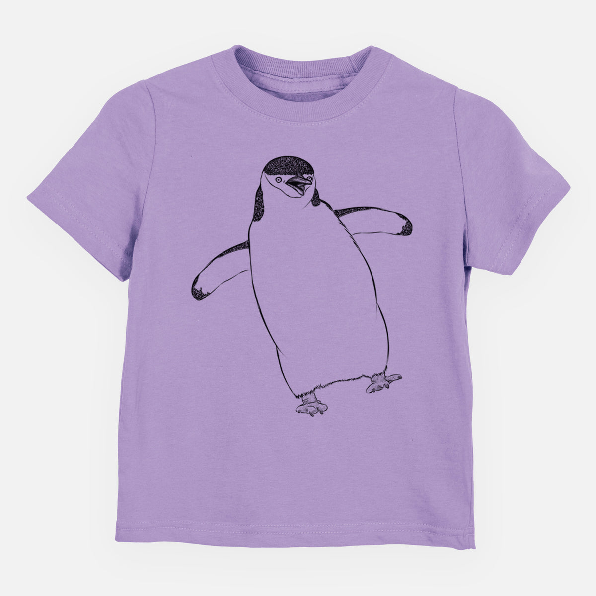 Lavender toddler t-shirt laid flat, printed with a black ink illustration of a chinstrap penguin standing with its flippers out.