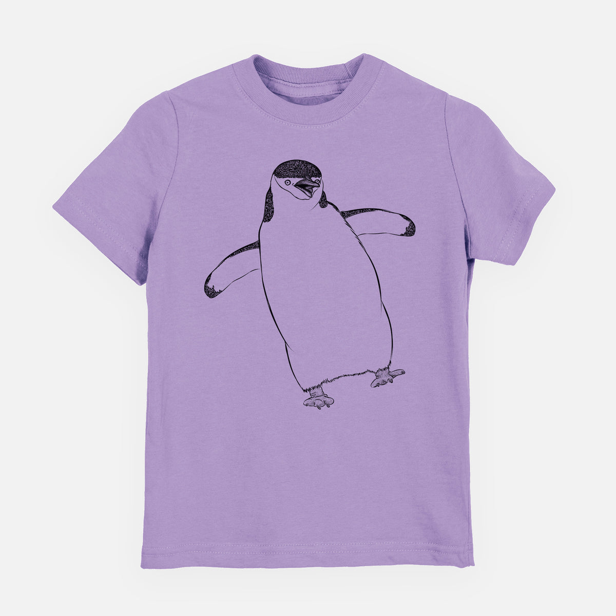 Lavender youth t-shirt laid flat, printed with a black ink illustration of a chinstrap penguin standing with its flippers out.