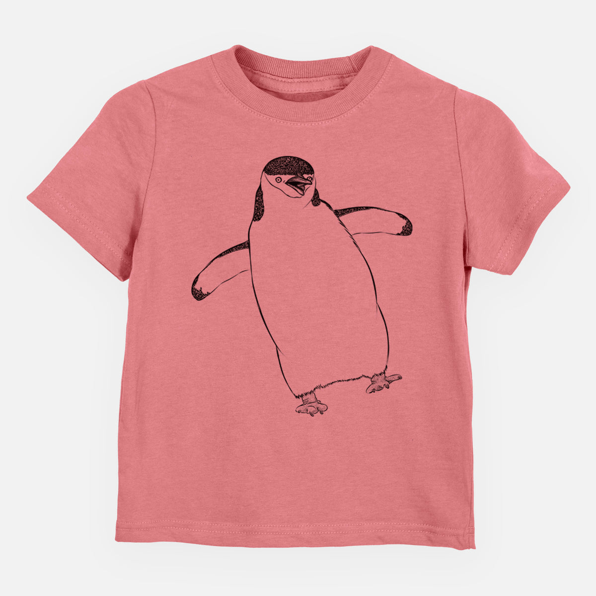 Mauve pink toddler t-shirt laid flat, printed with a black ink illustration of a chinstrap penguin standing with its flippers out.
