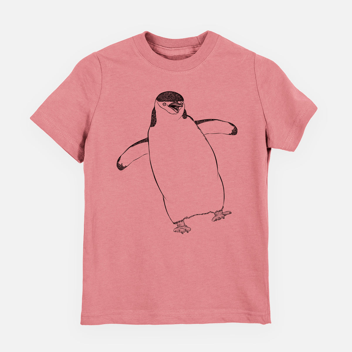 Mauve pink youth t-shirt laid flat, printed with a black ink illustration of a chinstrap penguin standing with its flippers out.