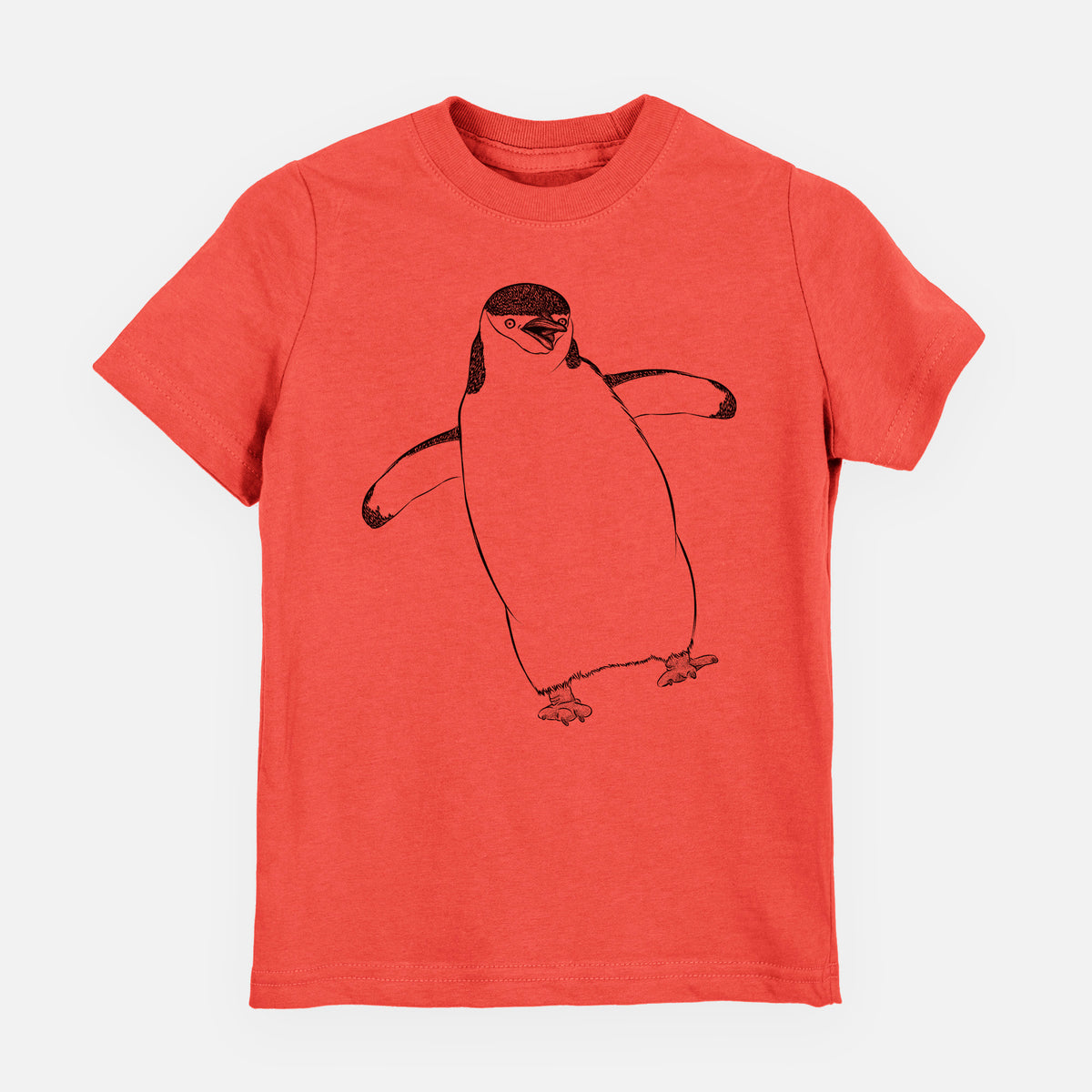 Passionfruit pink youth t-shirt laid flat, printed with a black ink illustration of a chinstrap penguin standing with its flippers out.