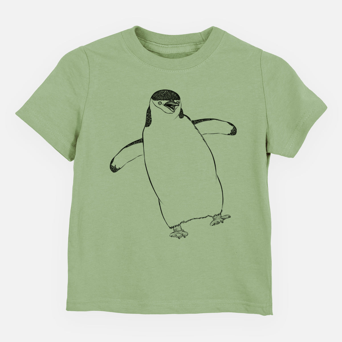 Sage green toddler t-shirt laid flat, printed with a black ink illustration of a chinstrap penguin standing with its flippers out.