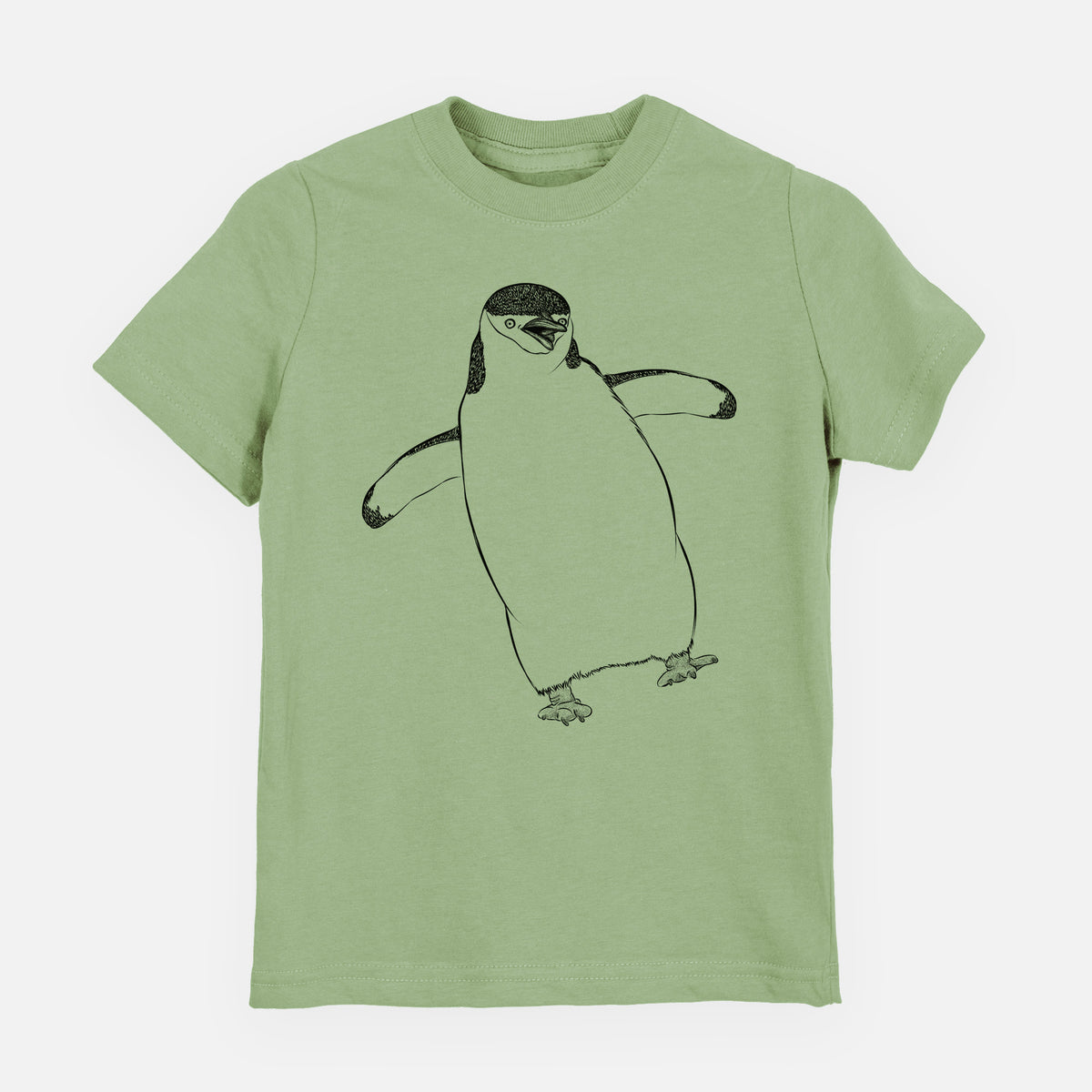 Sage green youth t-shirt laid flat, printed with a black ink illustration of a chinstrap penguin standing with its flippers out.