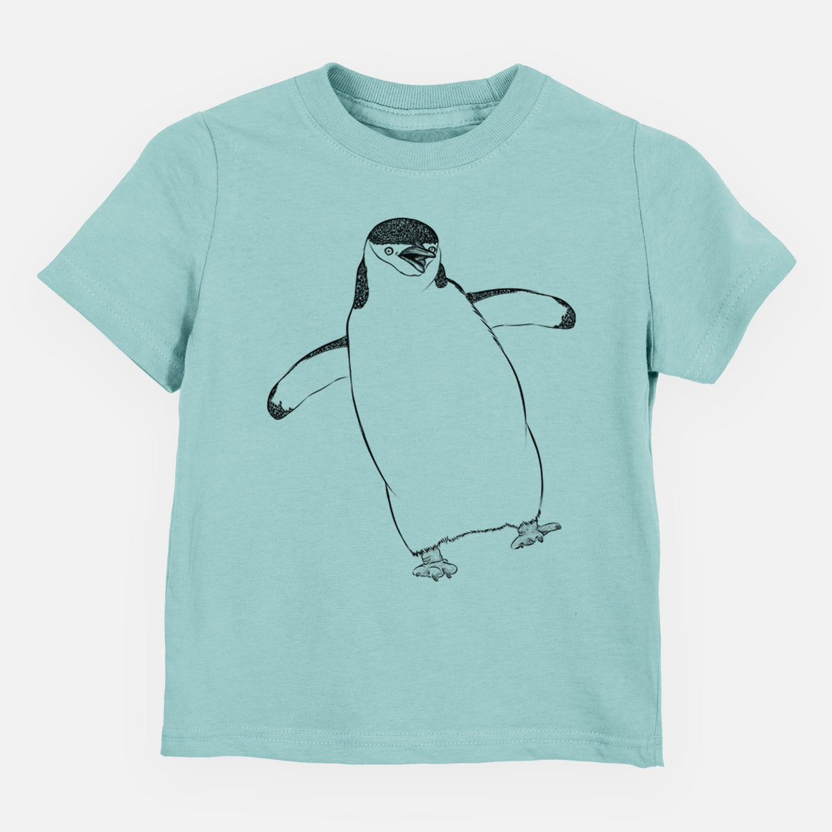 Saltwater toddler t-shirt laid flat, printed with a black ink illustration of a chinstrap penguin standing with its flippers out.
