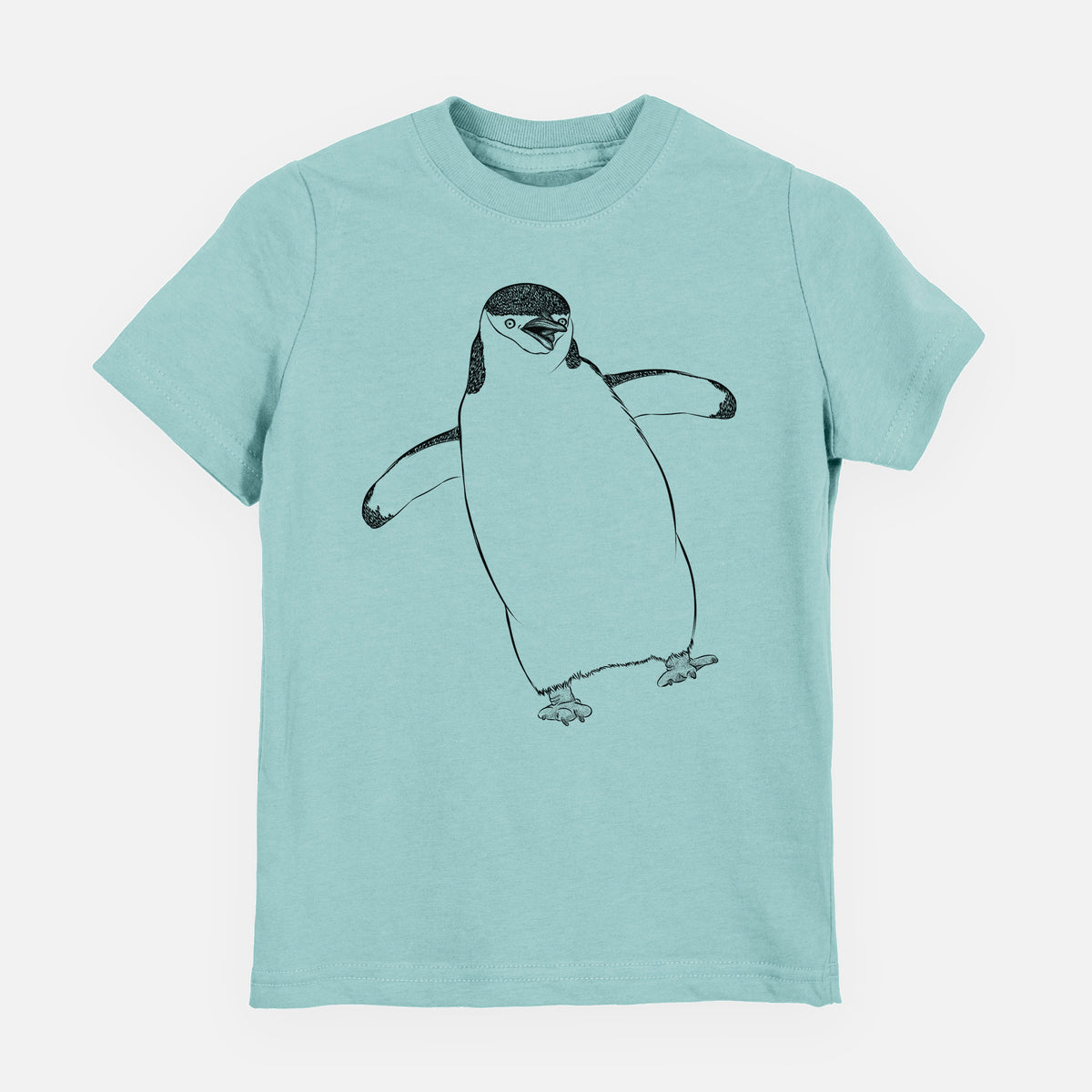 Saltwater youth t-shirt laid flat, printed with a black ink illustration of a chinstrap penguin standing with its flippers out.