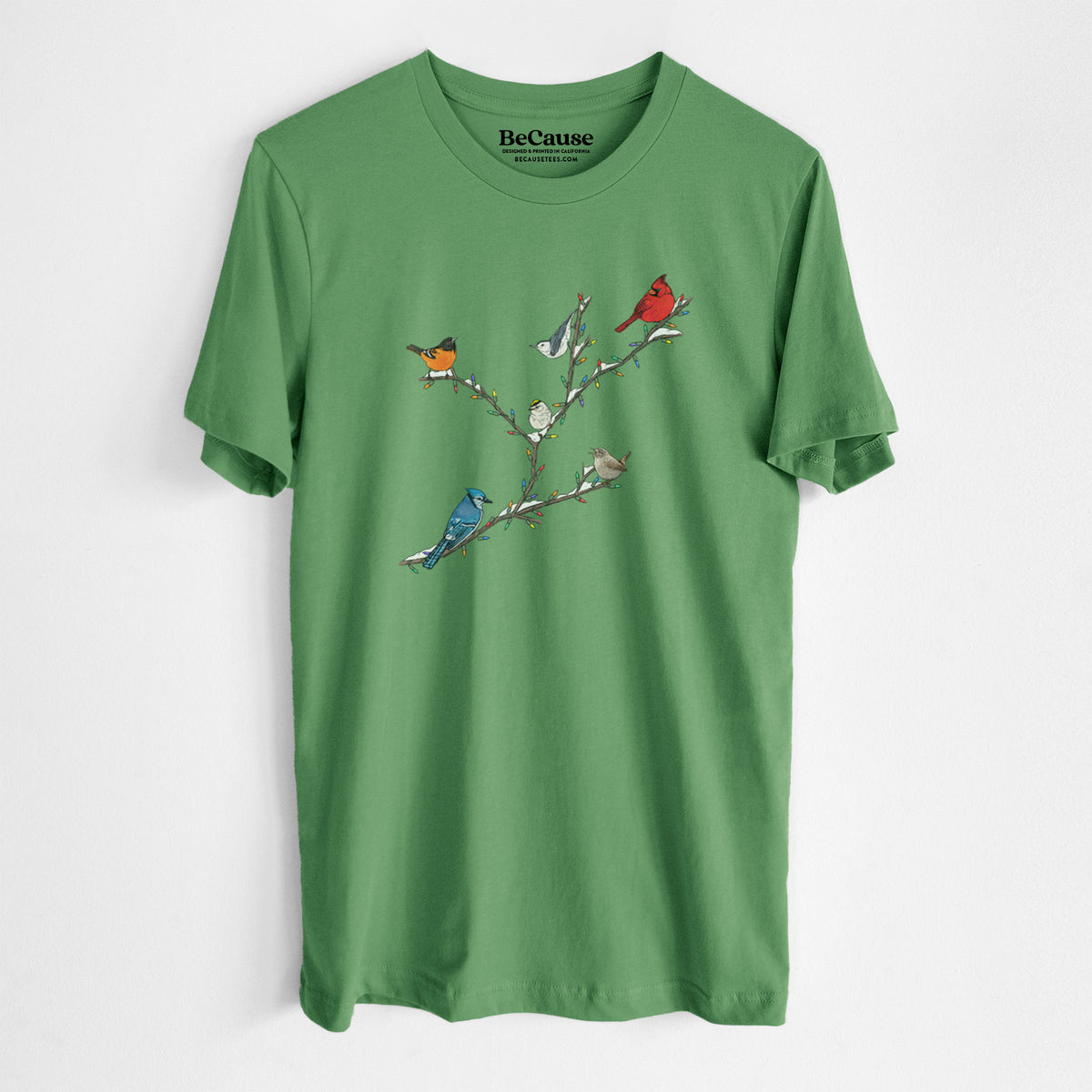 Leaf green lightweight cotton t-shirt laid flat, printed with a full-color illustration of winter backyard birds, including a cardinal, blue jay and robin, perched on bare branches.