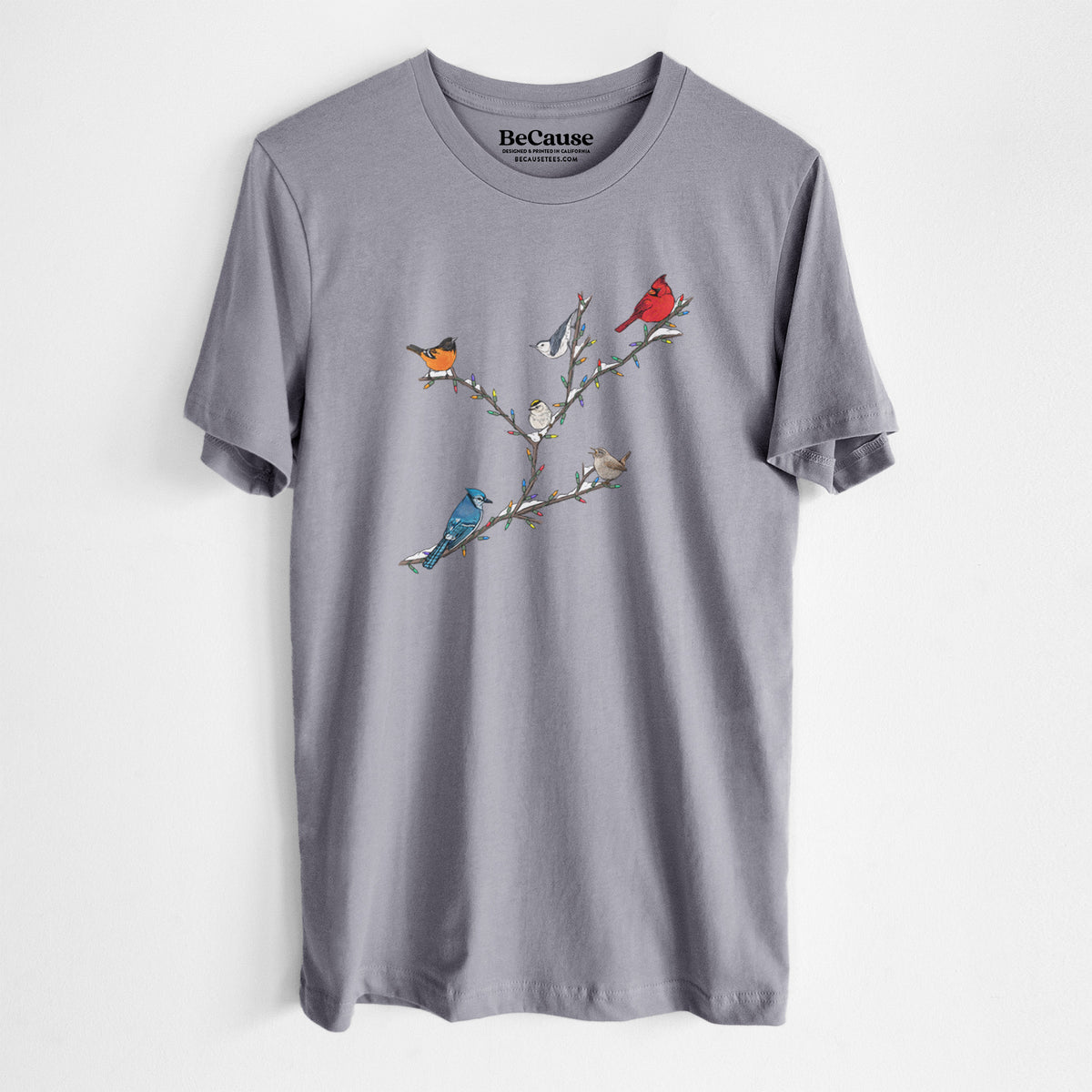Storm grey lightweight cotton t-shirt laid flat, printed with a full-color illustration of winter backyard birds, including a cardinal, blue jay and robin, perched on bare branches.