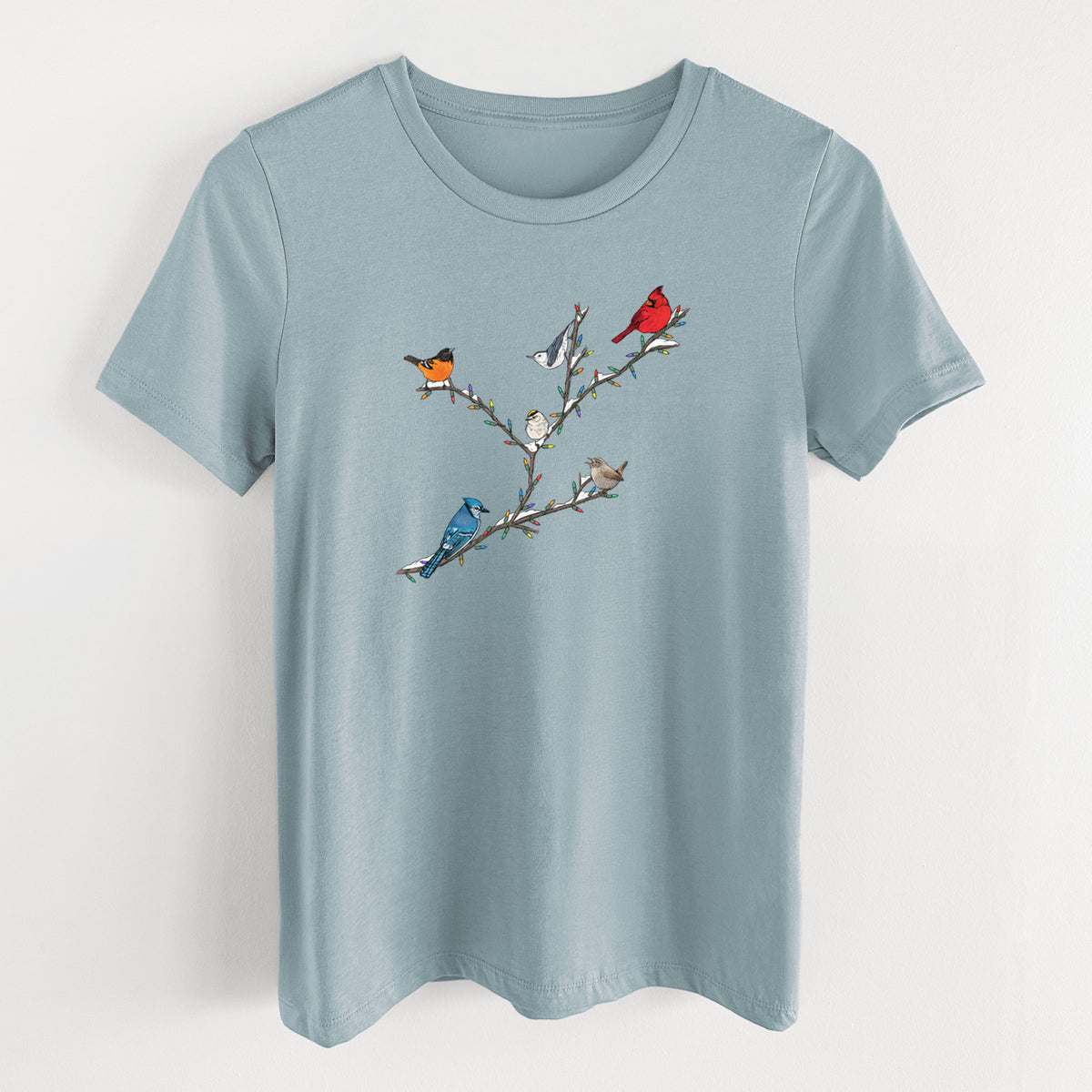Vintage denim women's relaxed fit cotton t-shirt laid flat, printed with a full-color illustration of winter backyard birds, including a cardinal, blue jay and robin, perched on bare branches.