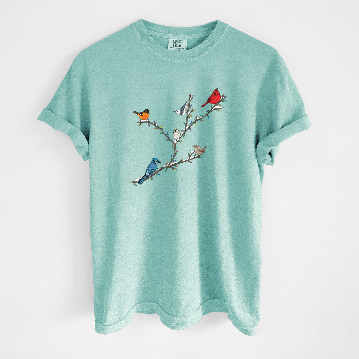 Chalky mint Comfort Colors t-shirt laid flat, printed with a full-color illustration of winter backyard birds, including a cardinal, blue jay and robin, perched on bare branches.