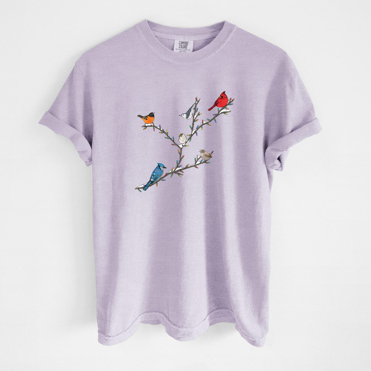Orchid purple Comfort Colors t-shirt laid flat, printed with a full-color illustration of winter backyard birds, including a cardinal, blue jay and robin, perched on bare branches.