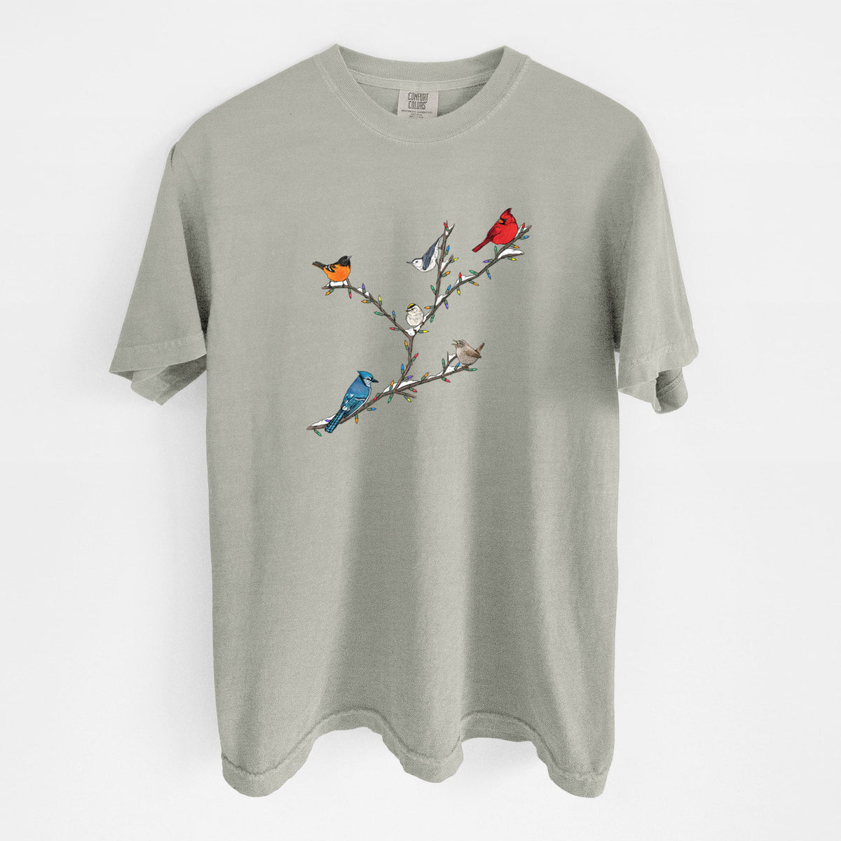 Sandstone beige Comfort Colors t-shirt laid flat, printed with a full-color illustration of winter backyard birds, including a cardinal, blue jay and robin, perched on bare branches.