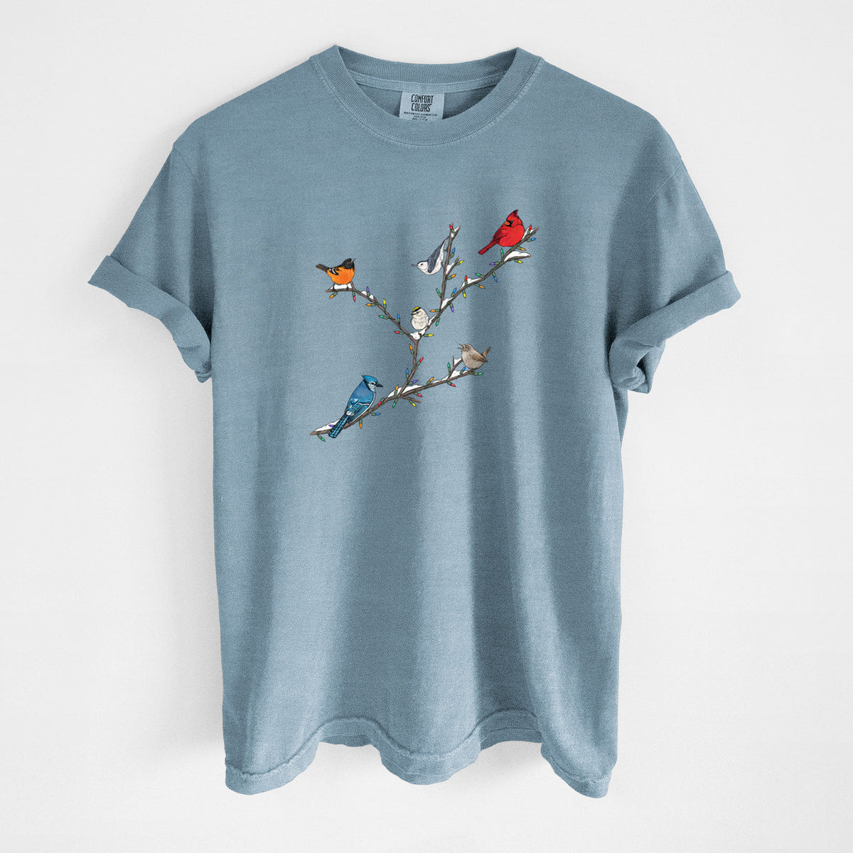 Steel blue Comfort Colors t-shirt laid flat, printed with a full-color illustration of winter backyard birds, including a cardinal, blue jay and robin, perched on bare branches.
