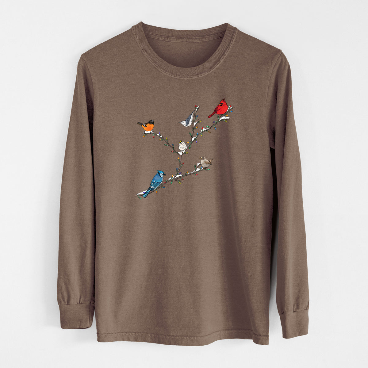 Espresso brown Comfort Colors long sleeve shirt laid flat, printed with a full-color illustration of winter backyard birds, including a cardinal, blue jay and robin, perched on bare branches.
