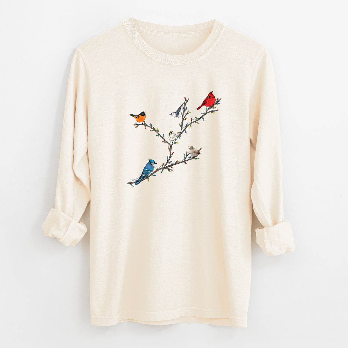 Ivory Comfort Colors long sleeve shirt laid flat with the cuffs rolled, printed with a full-color illustration of winter backyard birds, including a cardinal, blue jay and robin, perched on bare branches.