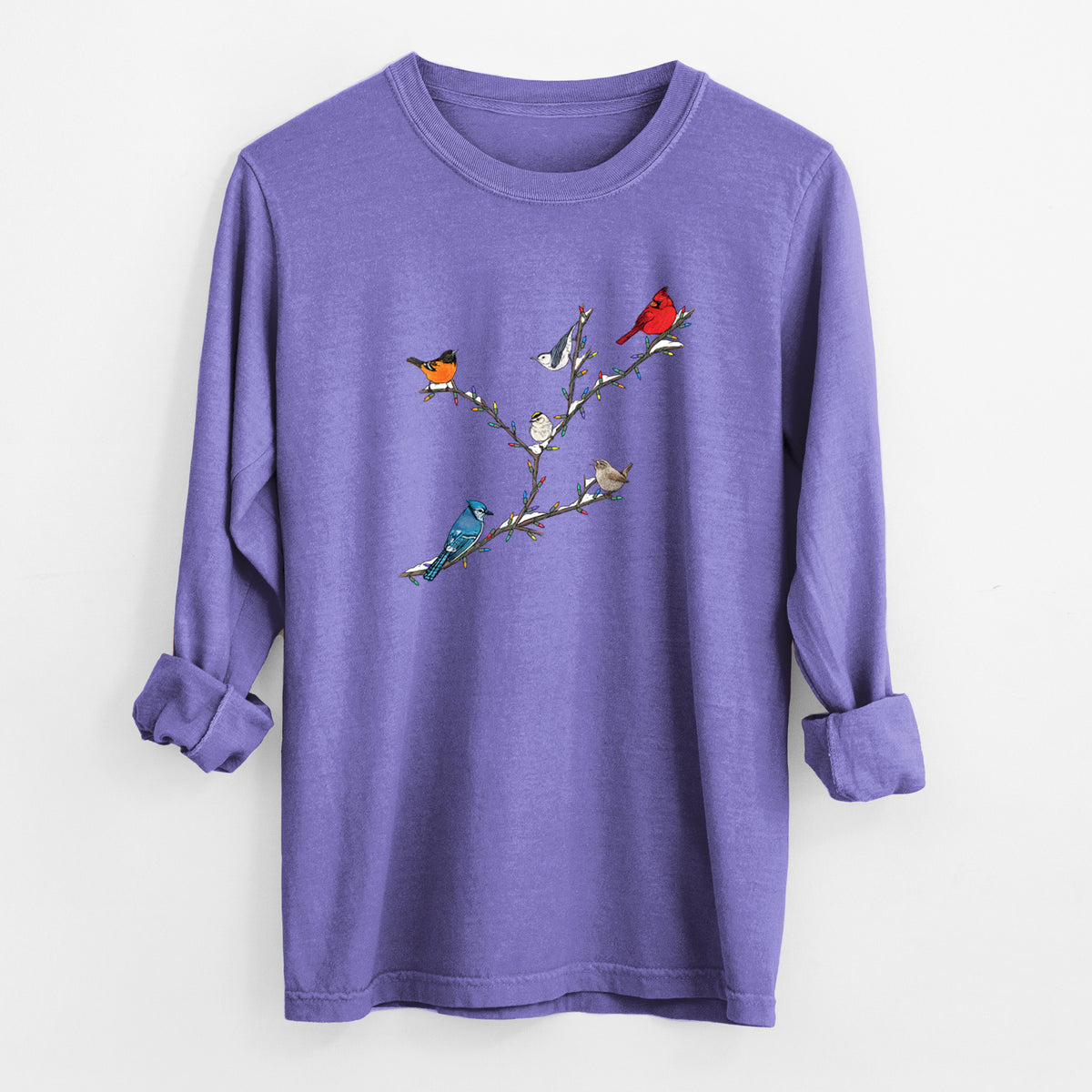 Violet purple Comfort Colors long sleeve shirt laid flat with the cuffs rolled, printed with a full-color illustration of winter backyard birds, including a cardinal, blue jay and robin, perched on bare branches.