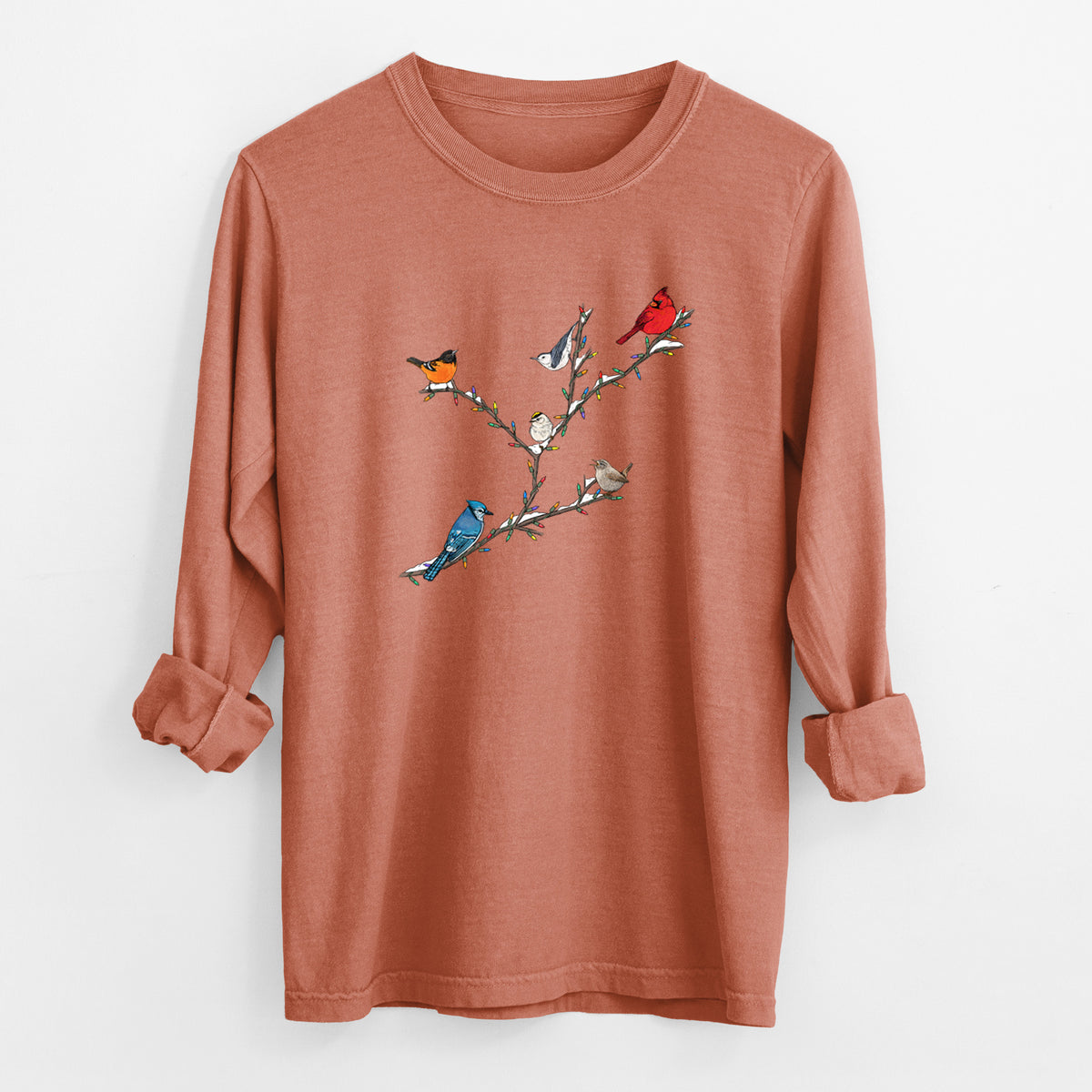 Yam burnt orange Comfort Colors long sleeve shirt laid flat with the cuffs rolled, printed with a full-color illustration of winter backyard birds, including a cardinal, blue jay and robin, perched on bare branches.