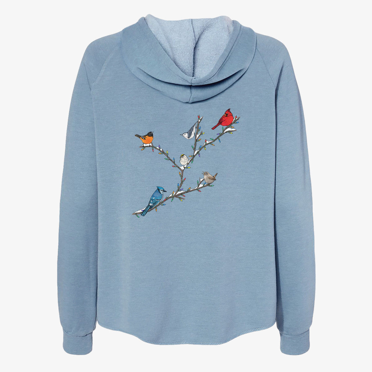 Misty blue women's Cali Wave zip-up sweatshirt laid flat, printed with a full-color illustration of winter backyard birds, including a cardinal, blue jay and robin, perched on bare branches.