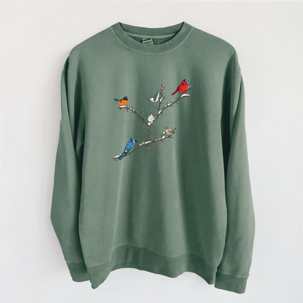 Christmas Backyard Birds - Unisex Pigment Dyed Crew Sweatshirt in Alpine Green