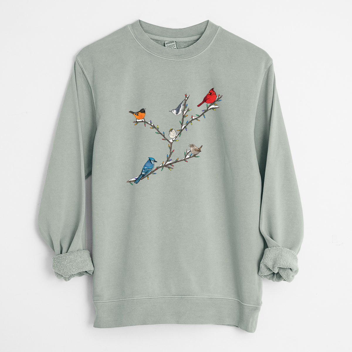 Christmas Backyard Birds - Unisex Pigment Dyed Crew Sweatshirt in Sage