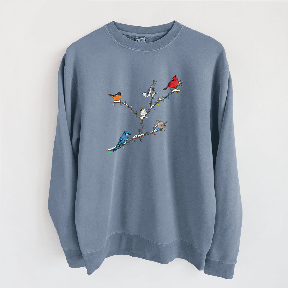 Christmas Backyard Birds - Unisex Pigment Dyed Crew Sweatshirt in Slate Blue