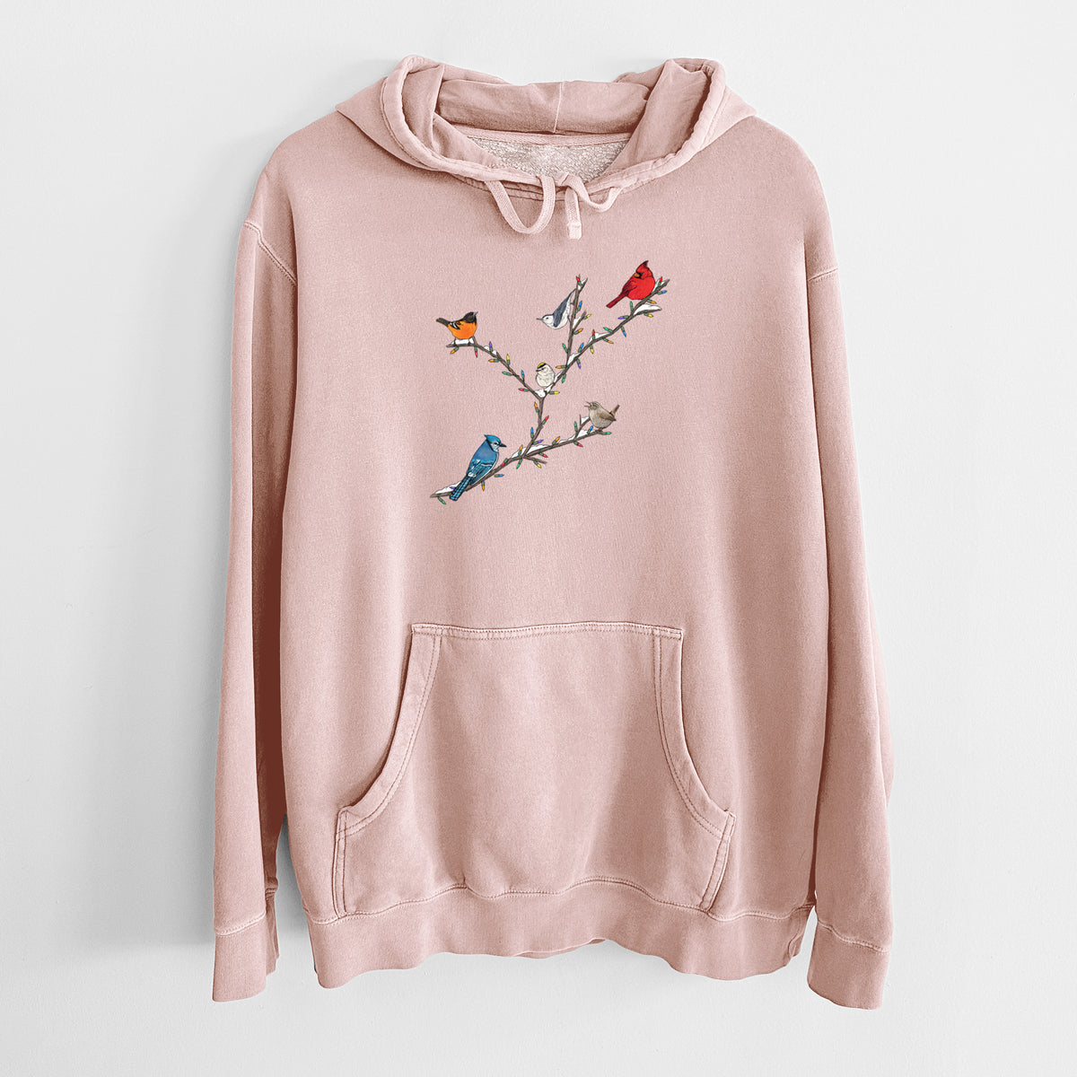 Dusty pink pigment dyed hoodie laid flat, printed with a full-color illustration of winter backyard birds, including a cardinal, blue jay and robin, perched on bare branches.