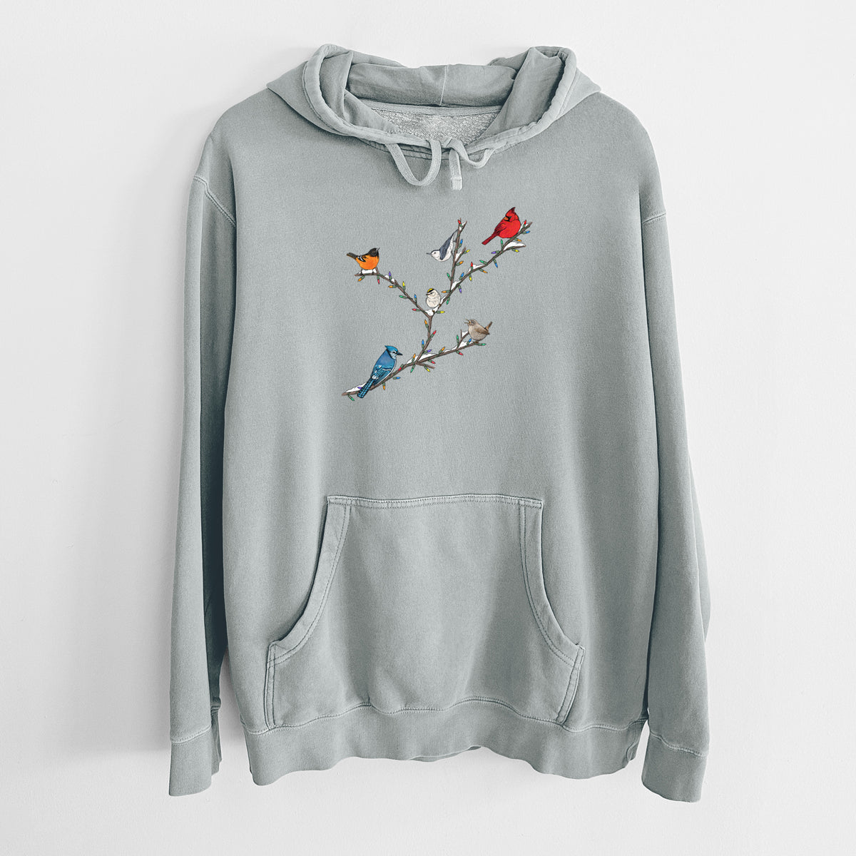 Sage green pigment dyed hoodie laid flat, printed with a full-color illustration of winter backyard birds, including a cardinal, blue jay and robin, perched on bare branches.