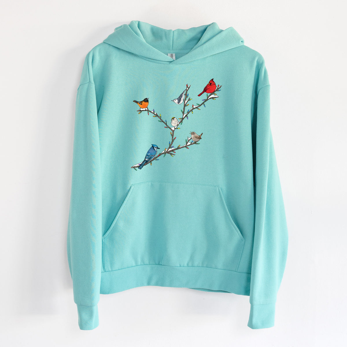 Christmas Backyard Birds - Statement Midweight Hoodie in Seafoam, hanging on a white wall, with a front kangaroo pocket and no drawcords.