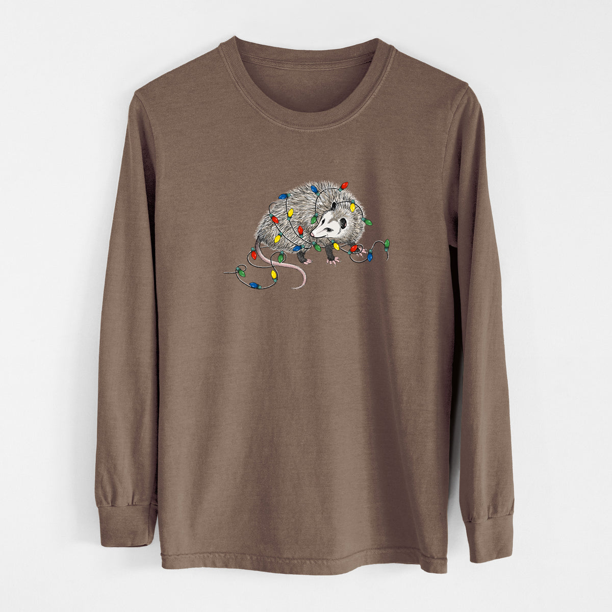 Espresso brown Comfort Colors long sleeve shirt laid flat, printed with a black ink opossum tangled in a string of colorful holiday lights.
